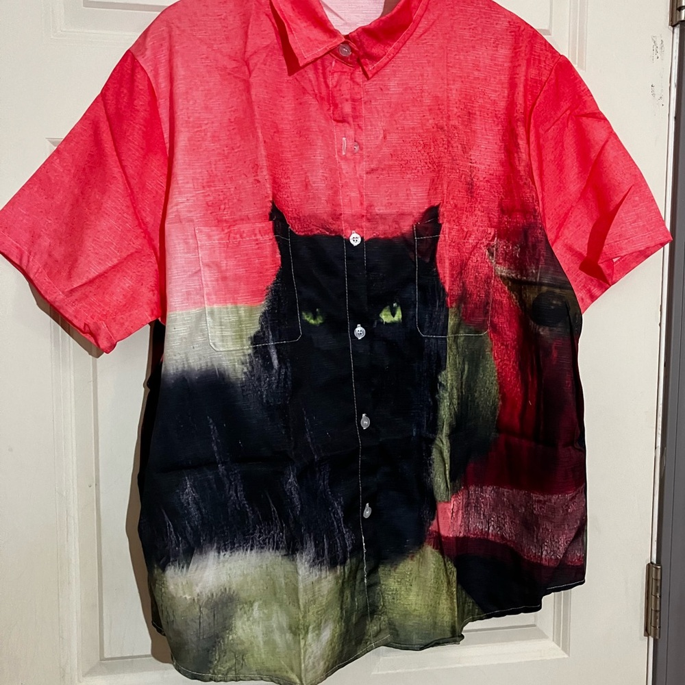 Red and Black Cat Print Shirt